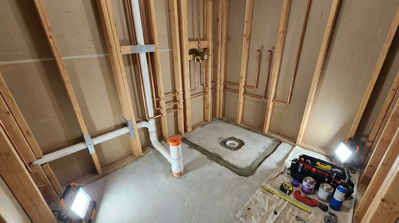 Bathroom rough-in plumbing during remodel by Johns Plumbing LLC in Burney