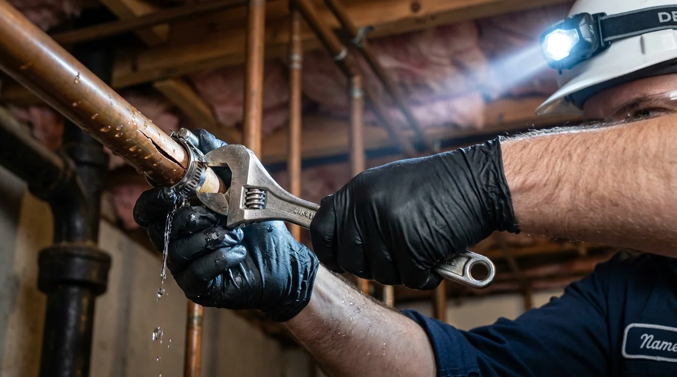 Emergency pipe clamp repair being performed by a Johns Plumbing LLC plumber in Burney