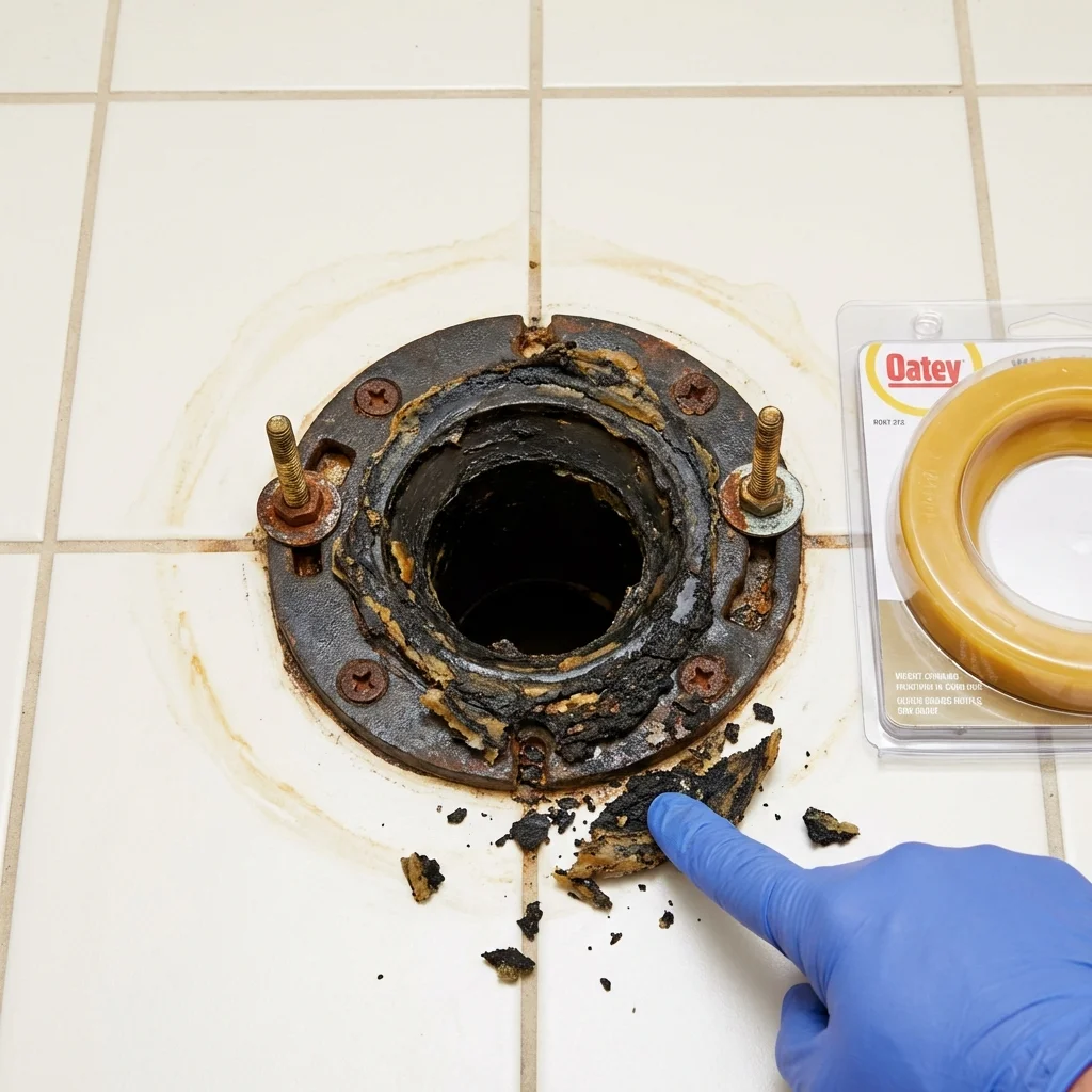Failed wax ring showing water seepage at the base of a toilet in a Burney, CA home